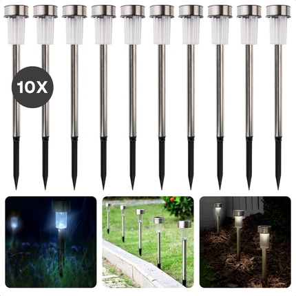 Cheqo® Solar Tuinverlichting Set - Padverlichting - 10 Stuks - RVS - Prikspots - Weerbestendig - Tuinspot met Grondspies Set - Buitenverlichting op Zonne-energie