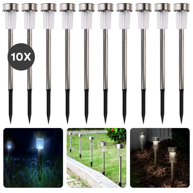 Cheqo® Solar Tuinverlichting Set - Padverlichting - 10 Stuks - RVS - Prikspots - Weerbestendig - Tuinspot met Grondspies Set - Buitenverlichting op Zonne-energie