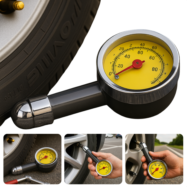 Cheqo® Analoge Bandenspanningsmeter – Bandenspanning Meten Auto Motor Vrachtwagen – Bandenspanning Meter - Luchtdrukmeter met Verlengde Kop – Bandendrukmeter met Opbergdoosje – Nauwkeurige Bandenspanning Controle