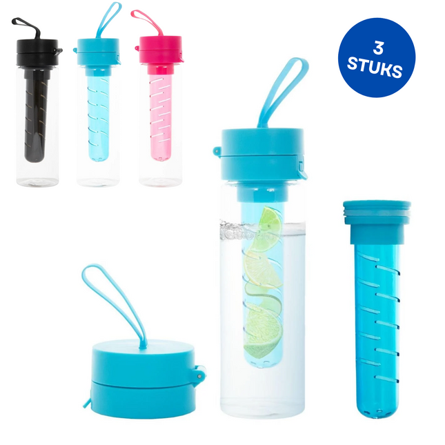 Cheqo® Waterfles met Fruit Infuset Set - 3 Stuks - Fruitwater Fles met Infuser Stick - 750ml - Sportfles - Drinkfles