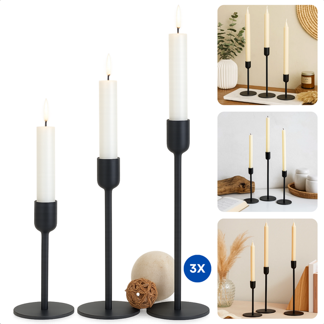Cheqo® Metalen Kaarsenhouder Set van 3 – Zwarte Kaarsenhouders in Industriële Stijl – Woondecoratie voor Salontafel, Eetkamertafel of Bijzettafeltje – Tijdloos Design – Geschikt voor Dinerkaarsen – Kandelaar Modern