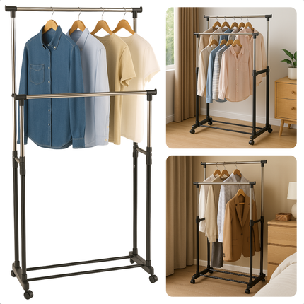 Cheqo® Dubbel Kledingrek op Wieltjes - Garderoberek - Kapstok - Kleding Rek - Kledingstang Verstelbaar & Mobiel - Metaal