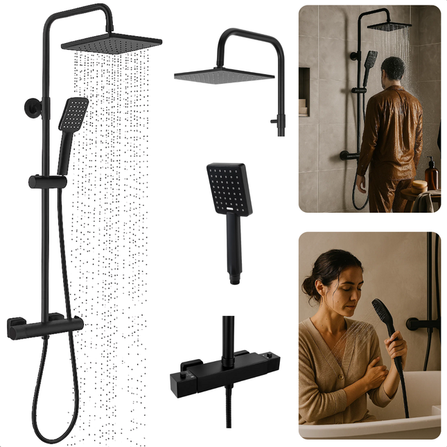 Cheqo® Doucheset Met Thermostaat - Regendouche Zwart - Thermostatische Douchekolom - Douchegarnituur Zwart - Thermostatische Douchemengkraan - Badkamer Doucheset - Regendouche Set - Complete Doucheset - Regendouchekop Zwart