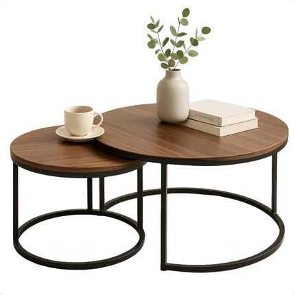 Cheqo® Industriële Bijzettafels Set van 2 - Koffietafel - Bijzet Tafel Set - Tafelset - Salontafel Set - Modern Design - MDF Tafelblad - Metaal Frame