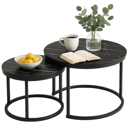 Cheqo® Industriële Bijzettafels Set - Modern Design - Bijzettafel Set - Bijzet Tafel - Salontafel Industrieel - Zwart MDF & Metaal