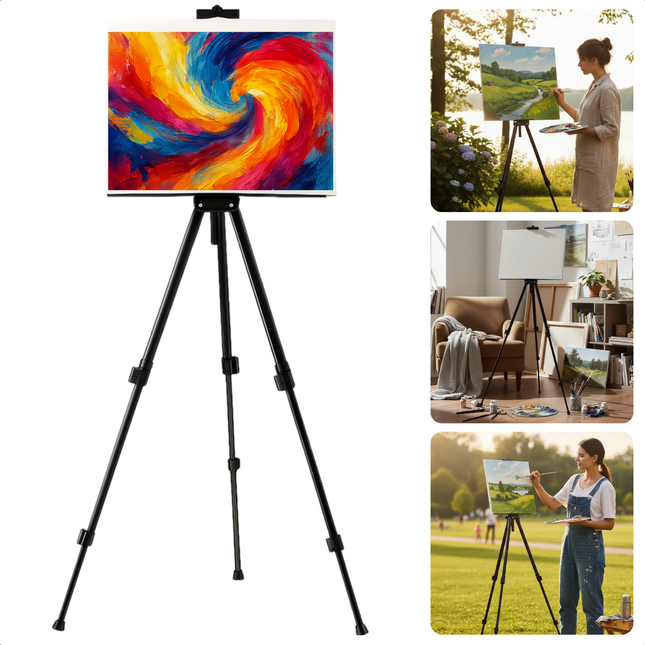 Cheqo® Opvouwbare Schildersezel - In Hoogte Verstelbaar - Met Opbergtas - Metalen Schildersezel - Zwarte Schildersezel - Draagbare Schildersezel - Compacte Schildersezel - Schildersezel Voor Canvas - Kunst Schildersezel