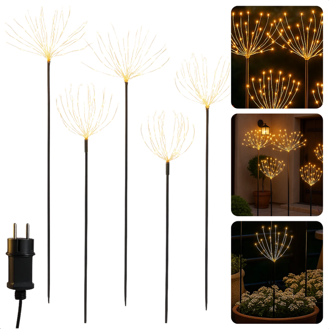 Cheqo® Tuinsteker Met Ledverlichting - Kerstverlichting Buiten - Kerstversiering Tuin - Verlichte Tuinstekers - Set Van 5 Tuinstekers - Warm Wit Licht - Adapter Met Timer - IP44 Geschikt Buiten - 225 Micro Led - Kerstdecoratie Buiten