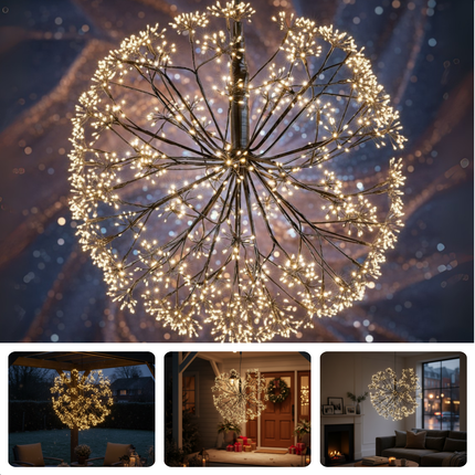Cheqo® Balvormige Kerstverlichting - Kerstbal Warm Wit Licht - Micro LED-Lampjes - Spatwaterdicht - IP44 - Tuinverlichting - 50 CM Diameter - Zwart Snoer - 912 LED Lampjes - Lichtgevende Bal - Buitenverlichting - Sfeerverlichting