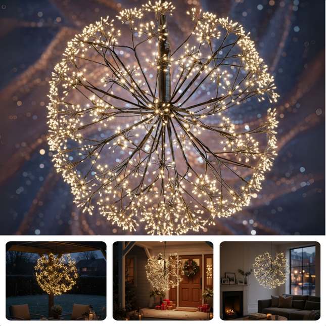 Cheqo® Balvormige Kerstverlichting - Kerstbal Warm Wit Licht - Micro LED-Lampjes - Spatwaterdicht - IP44 - Tuinverlichting - 50 CM Diameter - Zwart Snoer - 912 LED Lampjes - Lichtgevende Bal - Buitenverlichting - Sfeerverlichting
