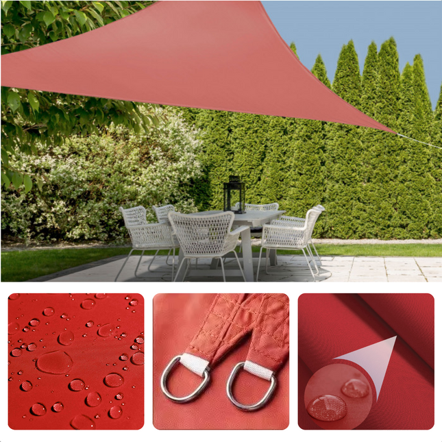 Cheqo® Schaduwdoek Driehoek - Terra Rood - Waterafstotend Polyester 100% - Met Touw - Verpakt in Afsluitbare Draagzak - 3x3x3m