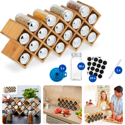 Cheqo® Bamboe Kruidenrek -  Kruidenpotjes Rek - Aanrecht Organizer - Kruidenrekje - 18 Glazen Potjes - Keukenorganizer met Labels en Stift