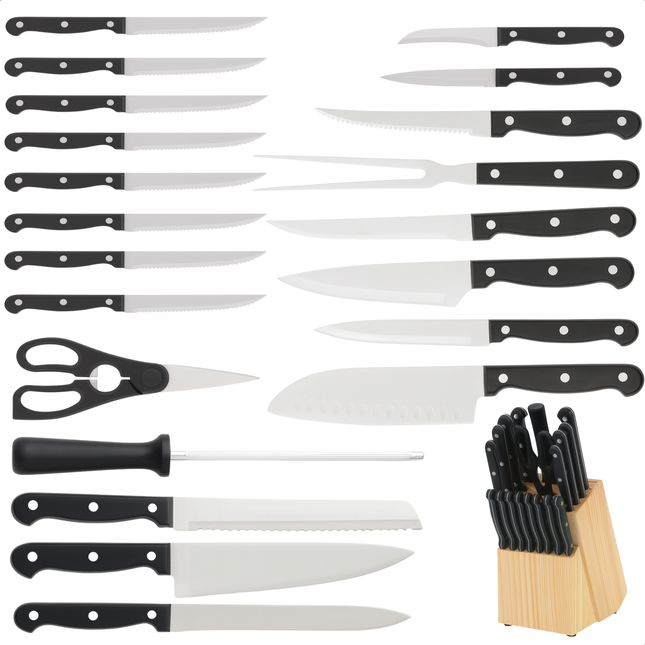 Cheqo® 22-delige Messenset met Houten Messenblok – RVS Keukenmessen Set – Koksmes & Santokumes – Broodmes & Vleesmes – Keukenschaar Inbegrepen – Duurzaam & Ergonomisch – Veilig & Compact Opbergen