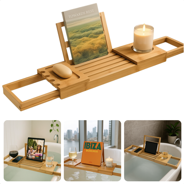 Cheqo® Luxe Verstelbare Badplank Bamboe – Uitschuifbaar Badrek – Badplank met Boekensteun, Tablethouder, Wijnglashouder & Bekerhouder – Waterbestendig Badkuiprekje – Compacte Opberging – Badaccessoires Hout
