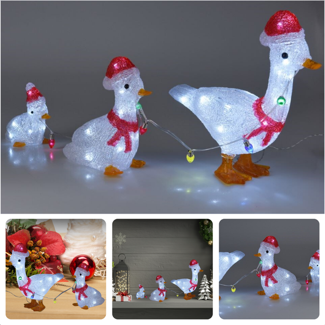 Cheqo® Kerstfiguur Acryl Eenden - Verlicht Kerstfiguur - Eendjes - LED Verlichting - Buiten Decoratie - Set van 3 - Batterij Aangedreven