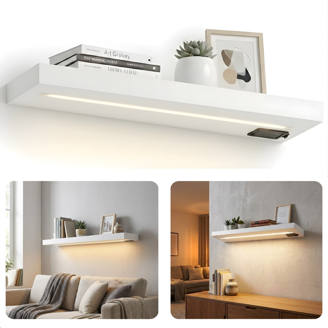 Cheqo® Wandplank met LED Verlichting - Wandplank met Verlichting - Wandplank LED - Wandplank Wit met LED - Witte Wandplank - Wandplank Wit - Wandrek met LED Verlichting - Wandrek met Verlichting - Wandrek Wit