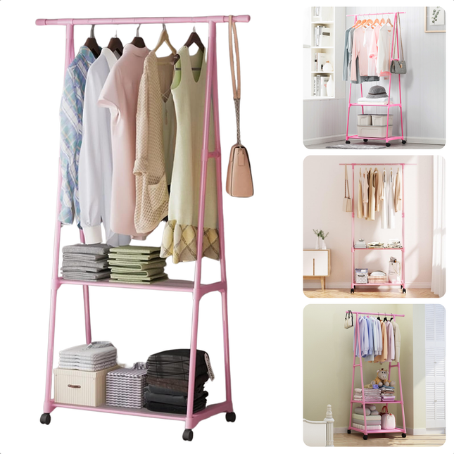 Pink metal clothing rack with shelves and wheels, displaying clothing and accessories in various room settings. Stylish and functional wardrobe solution.