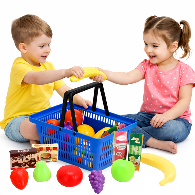 Cheqo® Speelgoed Winkelmandje - Winkelmandje Speelgoed - Boodschappenmandje Speelgoed - Winkelmandje Met Boodschappen - Winkelmandje Met Speelvoedsel - Speelgoed Winkelmand Met Boodschappen - Boodschappen Set Speelgoed - Rollenspel Boodschappen