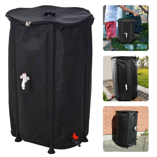 Opvouwbare Cheqo Regenton 250L met tapkraan, ideaal voor duurzame tuinirrigatie en regenwateropslag.