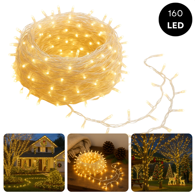 Cheqo® LED Verlichting - 180 LED Lampjes - Warm Wit - Lichtfuncties - Timer Functie - 13.5 Meter Lichtsnoer - Kerstboomverlichting Transparant Snoer - Binnen En Buiten - IP44 Adapter - Kerstverlichting - Lichtslinger - Sfeerverlichting - Kerstlampjes
