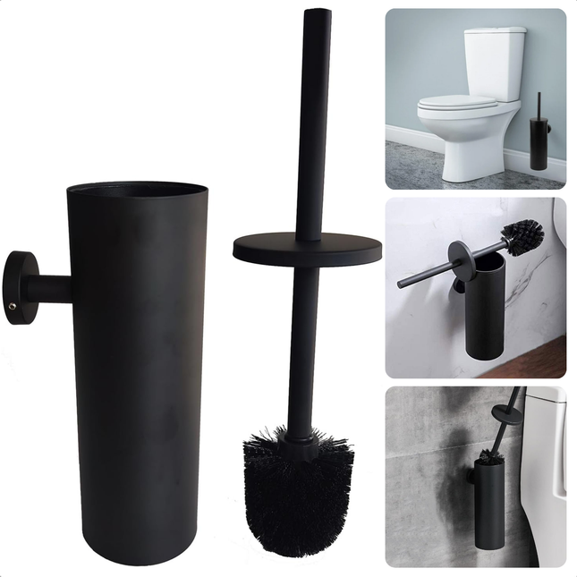 Cheqo® Zwarte Toiletborstel Met Wandhouder -  Wc Borstel - Toilet Borstel Houder - RVS - 35 cm Hoog - Moderne