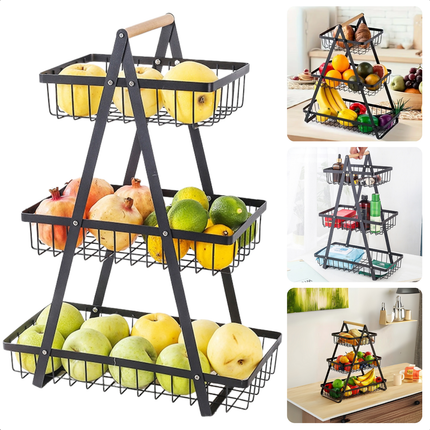 Cheqo® Fruitrek - Fruitmand - Fruitschaal - Keukenorganizer - Aanrecht Organizer - Keuken Bureau Organizers – Aardappelbak - Drie Lagen - Keukenopslag - 47 cm - Metaal en Hout
