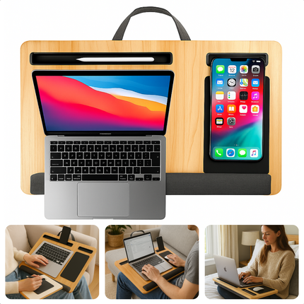 Cheqo® Laptopkussen - Schootkussen - Schoot Dienblad - Kniekussen - Laptoptafel - Laptray - Houten Schoottafel met Polssteun - Bedtafel - Schootdienblad - Inclusief Muispad