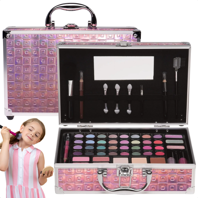Cheqo® Glamour Make-up Koffer - Holografisch Roze - Kindermake-up Set - Draagbare Beautyset - Beauty Case met Vakken - Visagiekoffer - Cosmeticakoffer - Beautycase