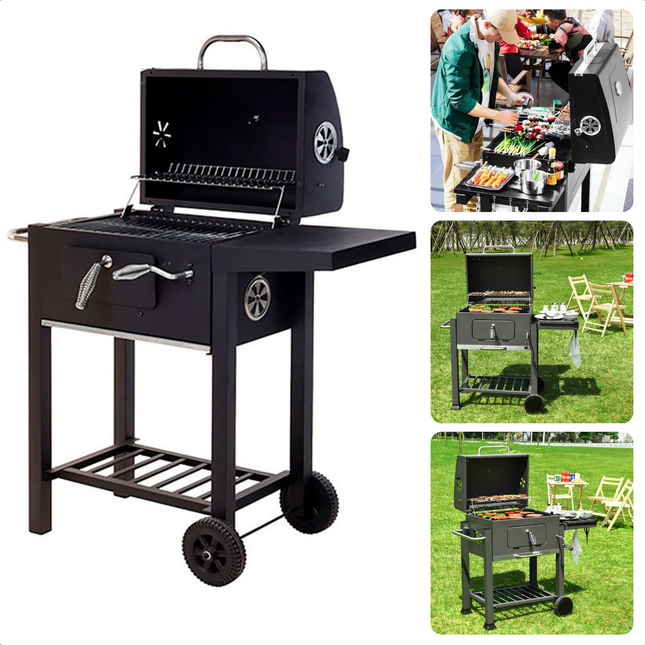 Cheqo Luxe Houtskool BBQ met thermometer en wielen, perfect voor buiten koken en grillen met handige functies.
