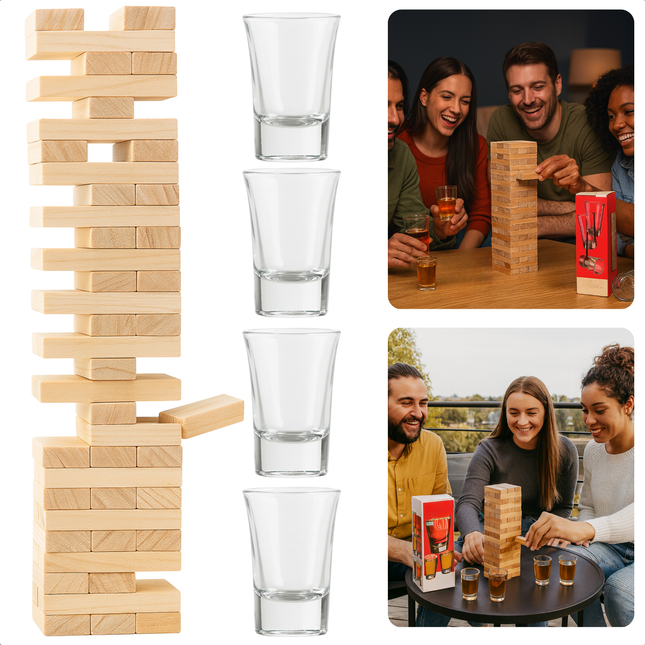 Cheqo® Drinkspel - Drankspel Voor Volwassenen - Gezelschapsspel - Houten Blokjes - Stapelspel - Spel Voor 2 - 4 Spelers - Gemiddelde Speeltijd 15 Minuten - Bouw De Toren - Vallende Toren - Shotglaasje Leegdrinken - 60 Houten Blokjes