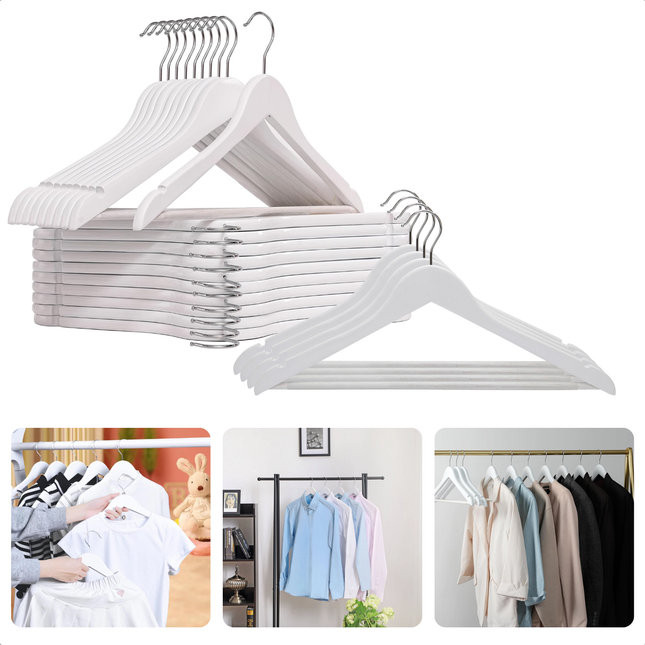 "Cheqo® witte houten kledinghangers set van 24 met antislip broeklat en 360 graden draaibare haak, gestyled in verschillende garderobes"