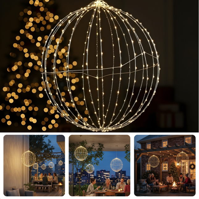 Cheqo® Kerstverlichting Buiten - LED Kerst Bollen - Tuin Kerstlampjes - Verlichte Bal - Klassieke Witte LED - Spatwaterdichte Adapter - Timerfunctie - Metalen Frame - 400 LED Lampjes - Diameter 60 cm - Lichtgrijze Kleur