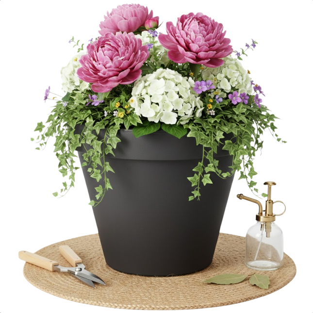 Cheqo® Bloempot Antraciet - Ronde Bloempot - Bloempot Rond - Bloempot Binnen - Bloempot Buiten - Bloempot Antraciet Rond - Bloempot 25 Cm - Bloempot Rond 25 Cm