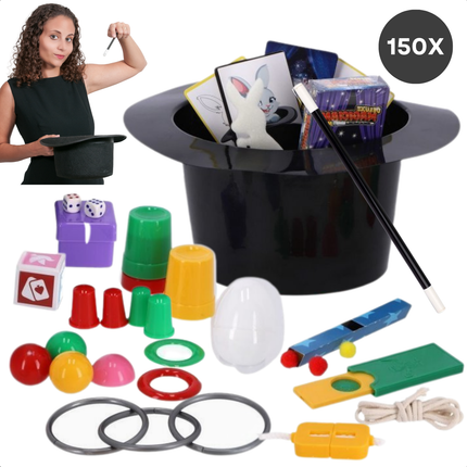 Cheqo® Magische Goocheldoos - 150 Trucs - Magic Tricks Set - Inclusief Goochelhoed en Goochelstok - Met Bekers, Ringen, Ballen, en Meer - Goochelset voor Kinderen -  Goochelen
