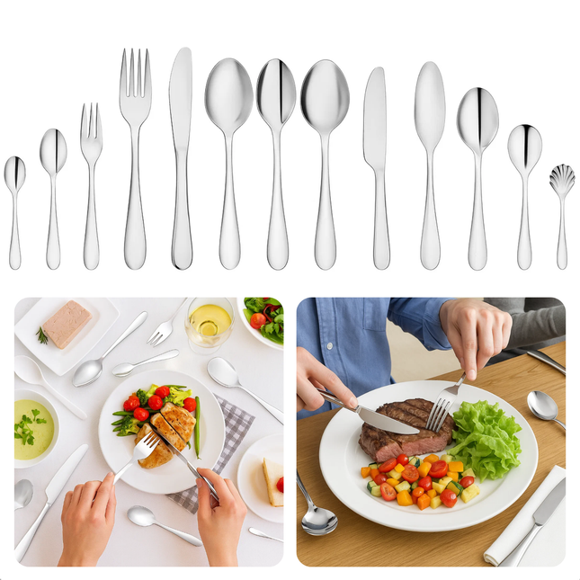 Cheqo® Luxe Bestekset - 70-Delig - Voor 12 Personen - RVS Bestek - Zilverkleurig - Vaatwasserbestendig - Hoogwaardig Edelstaal - Tijdloos Design - Serveerbestek Inbegrepen - 12 Lepels - 12 Vorken - 12 Messen - 12 Theelepels - 12 Taartvorkjes