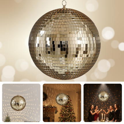 Cheqo® Kerst Discobal - Spiegelbol 30 CM - Champagnekleurig Spiegelglas - Disco Bal Bruin - Eenvoudig Op Te Hangen - Kerstversiering - Feestdagen Decoratie - Discobal Ornament - Spiegelglas Discobal - Kerstdecoratie