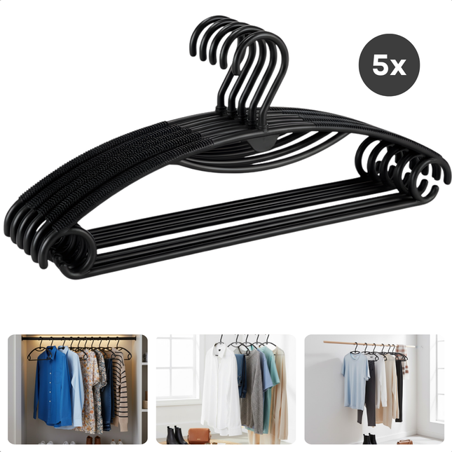 Cheqo® Kledinghangers - Kleerhanger - Kleding Hanger Zwart - Kleeerhangers Set Van 5 - Hangers - Draaibare Haak - Inkepingen Voor Bandjes - Kledinghangers Set - Kledingopslag - Garderobe Opruimen - Kleding Organisatie