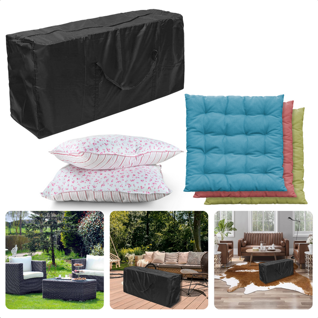Cheqo® Opberghoes Tuinkussens - Waterdicht - 120 x 50 x 25 cm - Polyester - Zwart -Tuinmeubelbescherming - Weerbestendige Hoes - Afdekhoes - Beschermhoes Tuinkussens - Tuinkussenbescherming - Waterdicht - UV Bestendig - Extra Sterk - Handvatten tuinmeubelhoezen