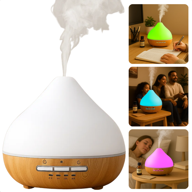Cheqo® Aroma Diffuser LED - Luchtbevochtiger - Geurverspreider - Aromatherapie Diffuser - Etherische Olie Verstuiver - LED Sfeerverlichting - Stille Werking - USB Type-C Voeding - 300 Ml Capaciteit - Timer Opties - Rustgevende Sfeer