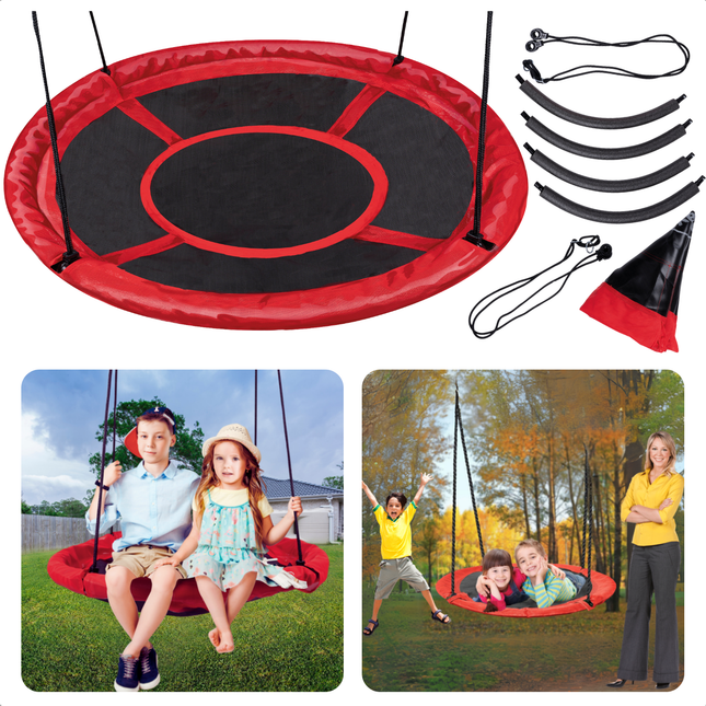 Cheqo® Nestschommel 110 cm - Buiten Schommelen - Schotelschommel - Kinderschommel - Hangschommel - Schommel - Rood Zwart - Hoog Draaggewicht