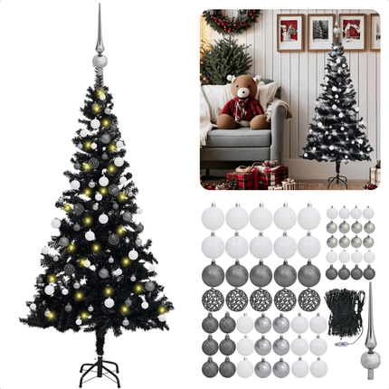 Cheqo® Zwarte Kerstboom - Kunstkerstboom 120 cm - Inclusief LED-Verlichting en Kerstballen - PVC - Energiezuinig