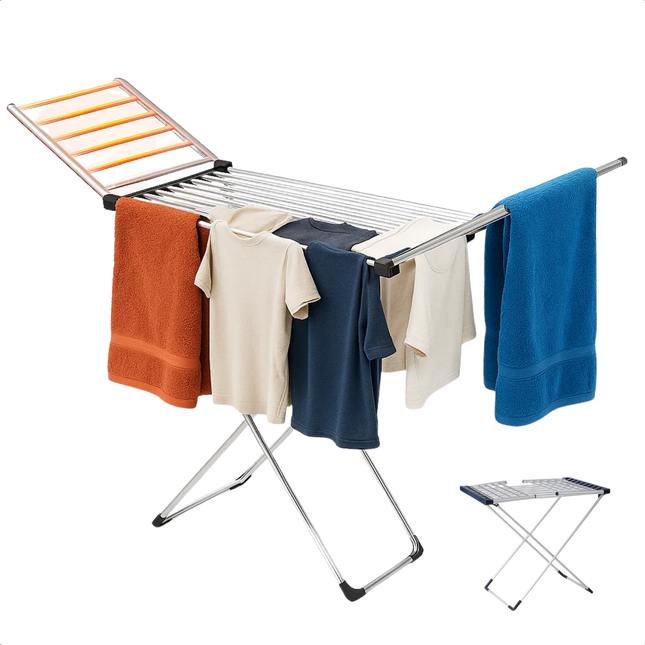 Cheqo® Elektrisch Droogrek - Verwarmd Droogrek - Inklapbaar Wasrek - 12 Meter Droogruimte - 230W Vermogen - Aluminium Materiaal - IPX1 Waterbestendig - Instelbare Temperatuur - 45-55 Graden Celsius - 20 Verwarmde Stangen - Compact Formaat