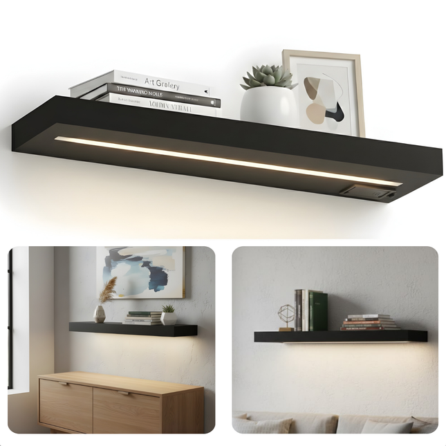 Cheqo® Wandplank Met LED Verlichting - Wandplank Met Verlichting - Wandplank Met Licht - Wandplank Zwart Met LED Verlichting - Wandplank Zwart