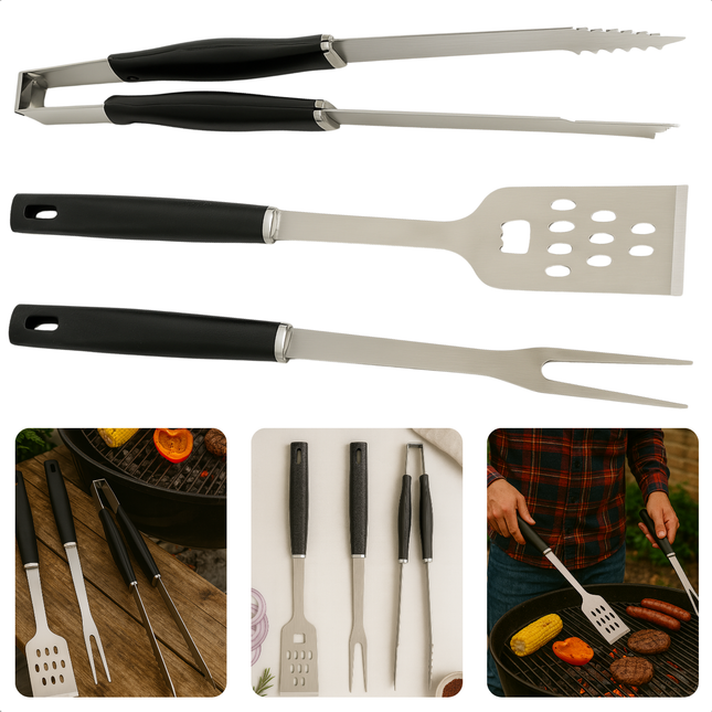 Cheqo® BBQ Gereedschap Set 3-Delig RVS – Barbecue Accessoires Vork Spatel Tang – Roestvrijstalen BBQ Tools – Grill Gereedschap – Barbecue Set – BBQ Essentials – Gereedschap voor Barbecue – RVS BBQ Kit – Barbecue Tools