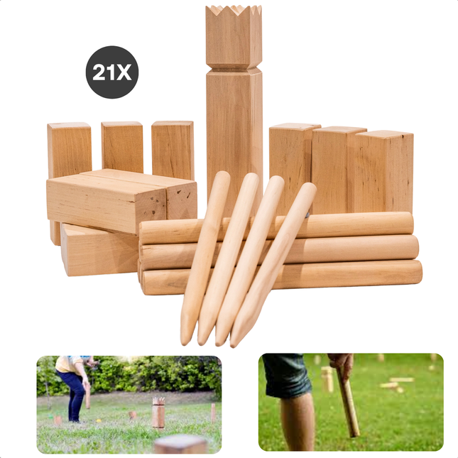 Cheqo® Kubb Spelset - Kubb Spel - Werpspel - 21-delig - Hout - Werpstokken - Hoekstokken - Buiten Spel