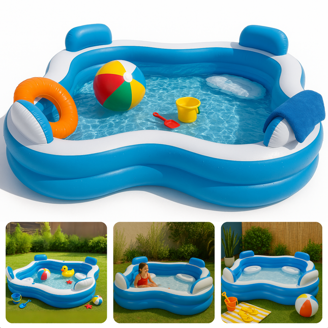 Cheqo® XL Opblaasbaar Familiezwembad - Luxe Zwembad - Opblaasbad - Bad Met Loungestoelen en Bekerhouders - PVC