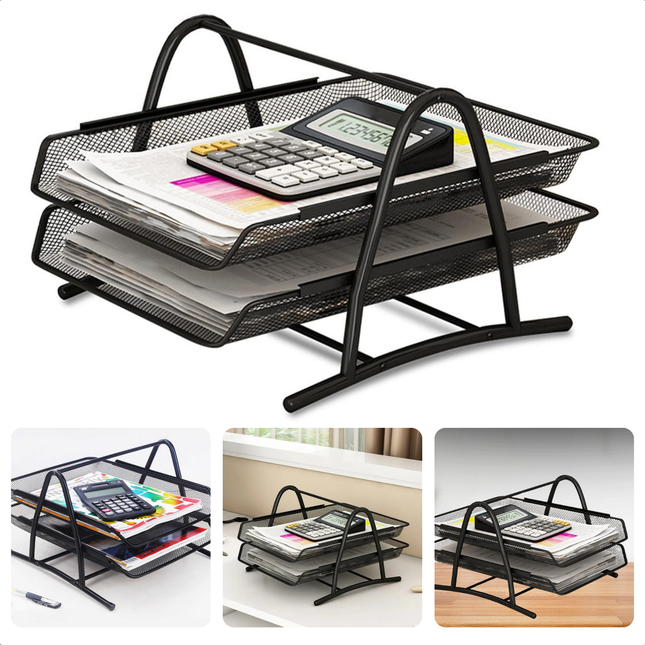 Black metal document organizer with calculator and papers, featuring two sliding trays, ideal for office or home desk organization.