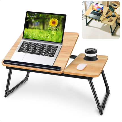 Cheqo® Verstelbare Laptoptafel - Ontbijt op Bed Tafel - Ontbijttafel - Laptopstandaard - Schoottafel - Opklapbare Bedtafel met Bekerhouder - MDF Walnoot