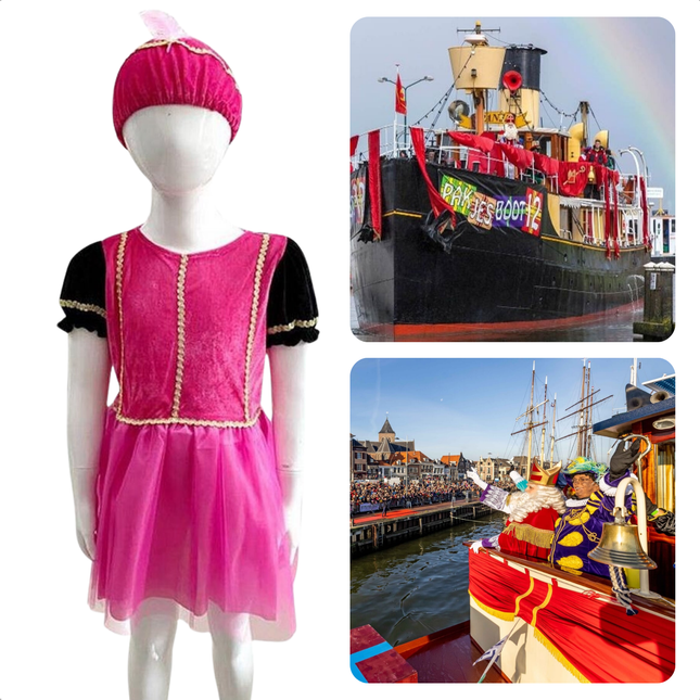 Cheqo® Pietenpak met Pietenjurk - Roze Verkleedset - Pieten Pak - Sinterklaas Kostuum 5-7 Jaar - Comfortabel en Stijlvol