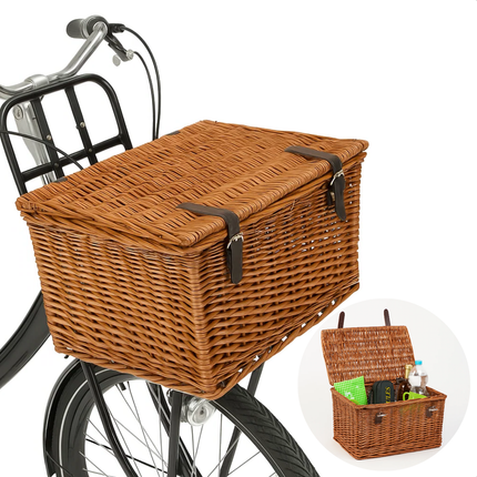 Cheqo® Fietsmand Riet 30L – Bakkersmand Bruin met Deksel & Riempjes – Voorrek Fietsmand – Nostalgisch Design – Vaste Montage – Picknickmand – Boodschappenmand – Stevige Rieten Mand voor Omafiets