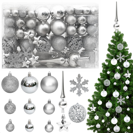 Cheqo® 111-delige Kerstballenset - Kerstballen Set - Onbreekbaar Polystyreen - Zilver - Diverse Maten